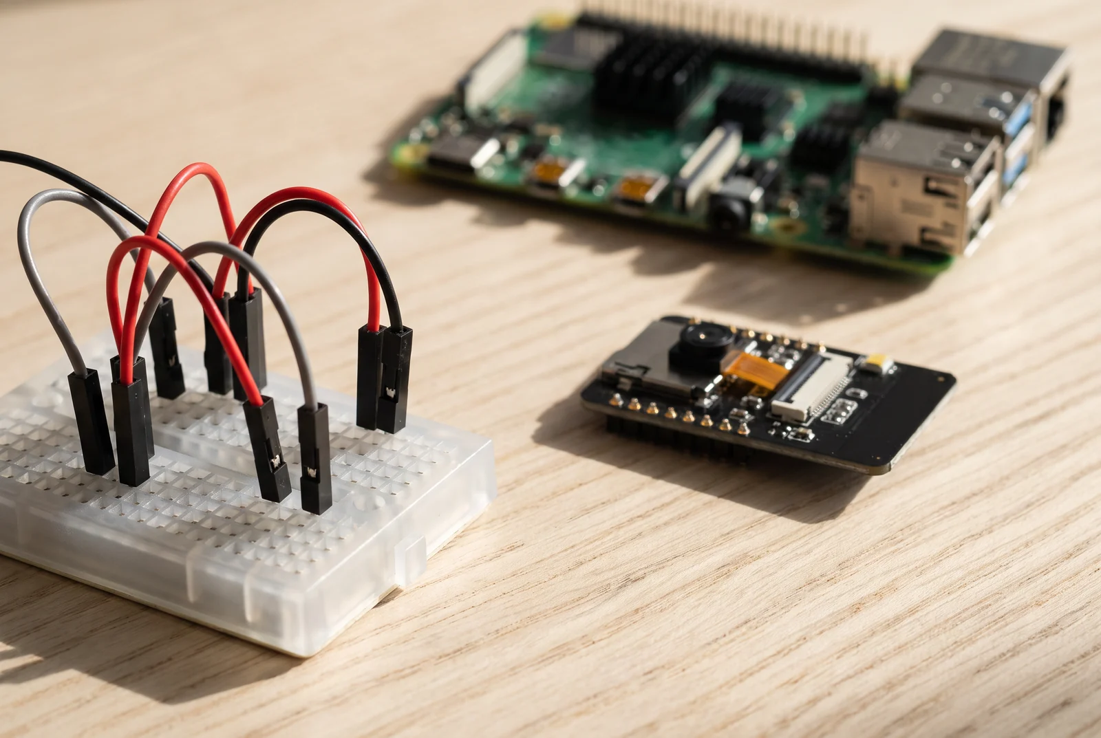나무 책상 위의 라즈베리파이, ESP32-CAM, 브레드보드와 점퍼선